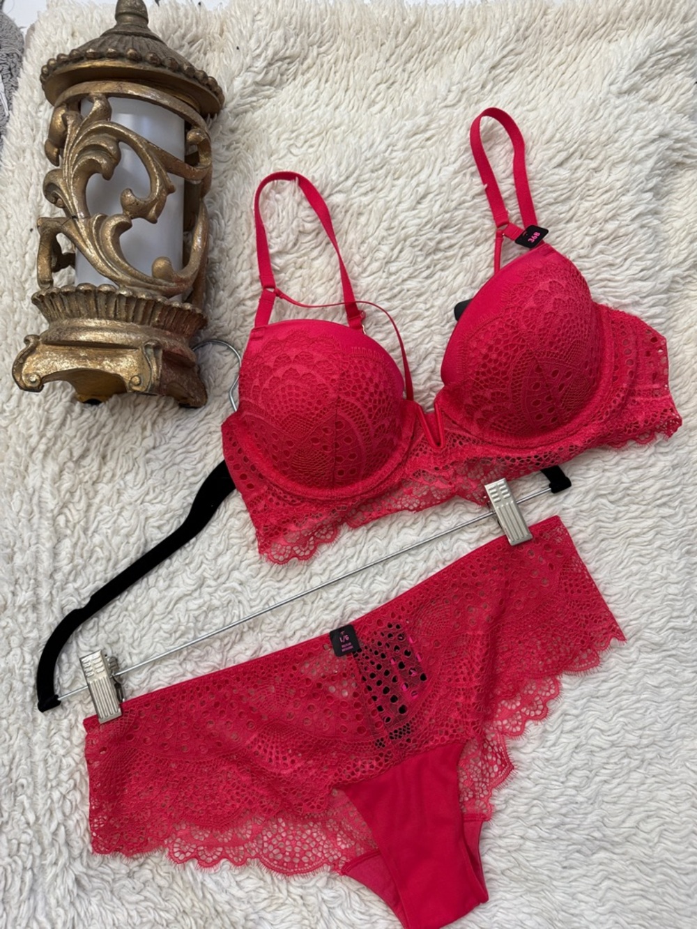 NWT La SENZA Diva Demi Light Red Lace Bra (36B) Matching Panty (L) Set